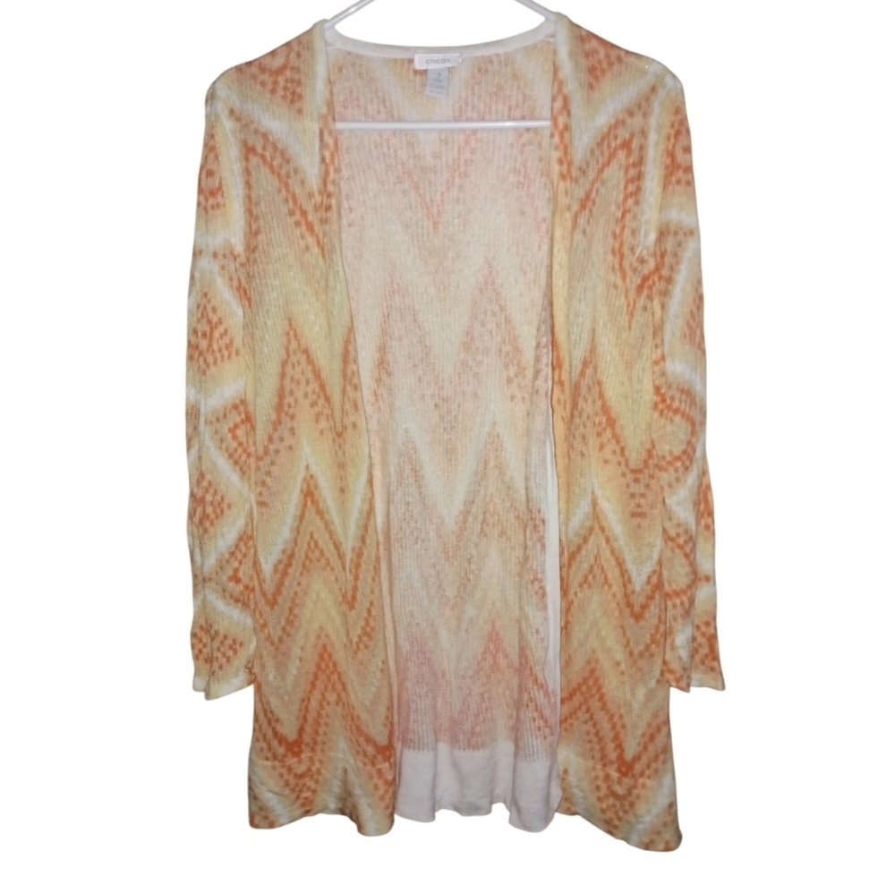 Chico's Peach/Orange Chevron Print Linen Blend Open Front Sweater Size L